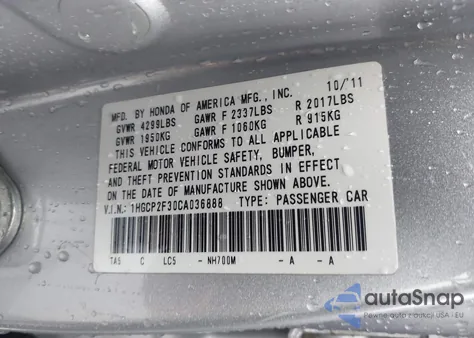 2012 Honda Accord 2.4 Lx из США, поврежденный, VIN 1HGCP2F30CA036888